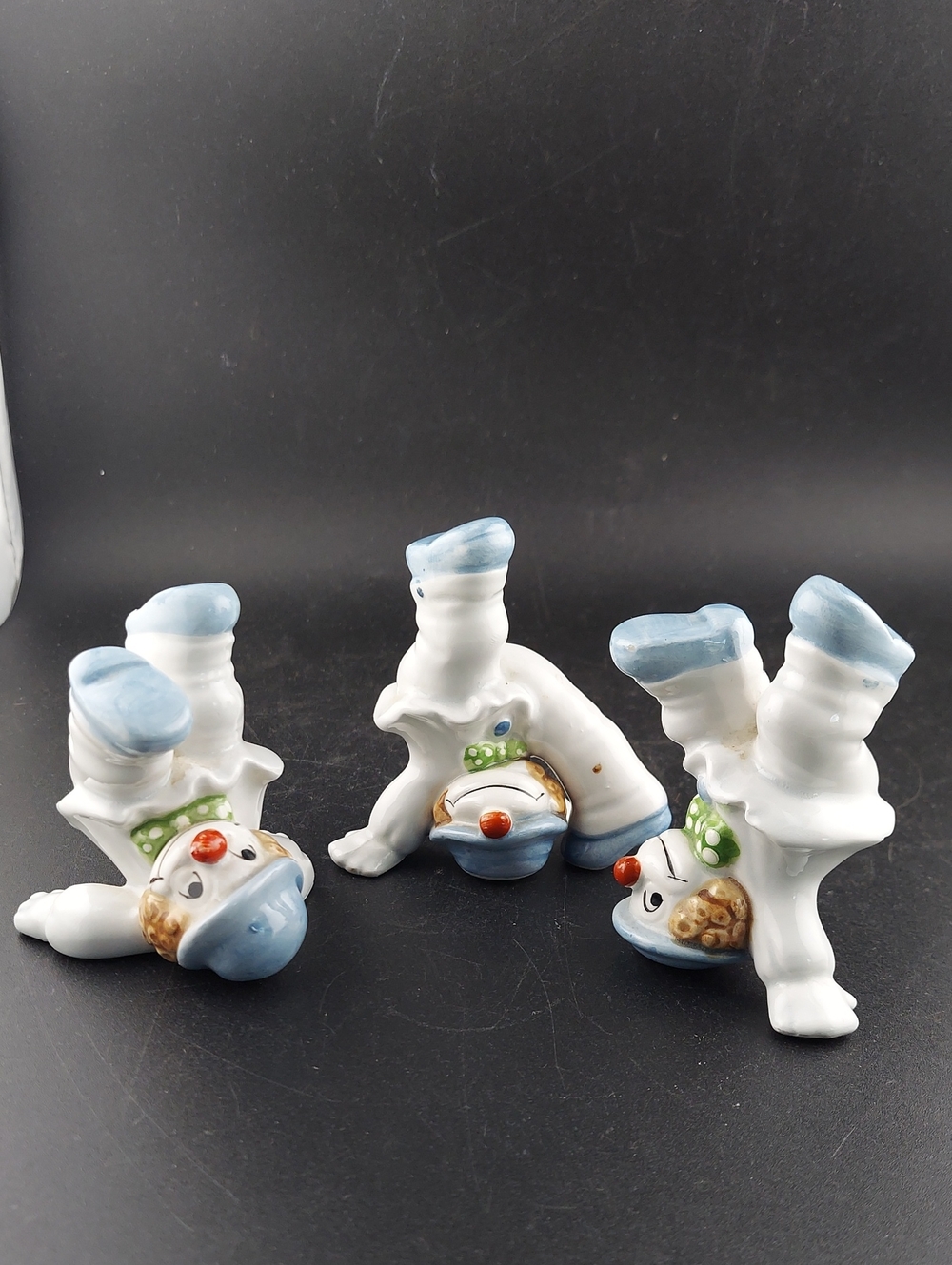 Vintage Fitz & Floyd Porcelain Clown Figurines - Set of 3 - White & Light Blue